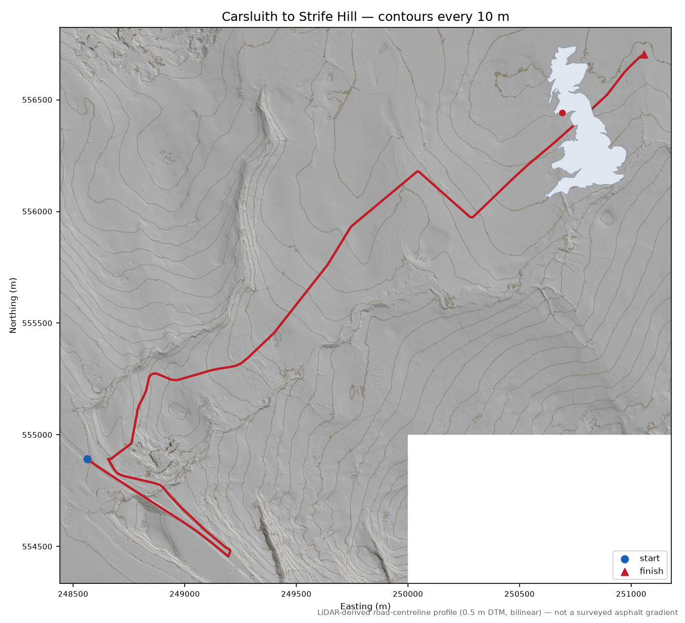 Carsluith to Strife Hill LiDAR hillshade map with contours