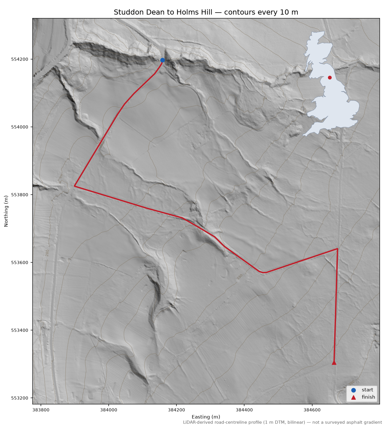 Studdon Dean to Holms Hill LiDAR hillshade map with contours