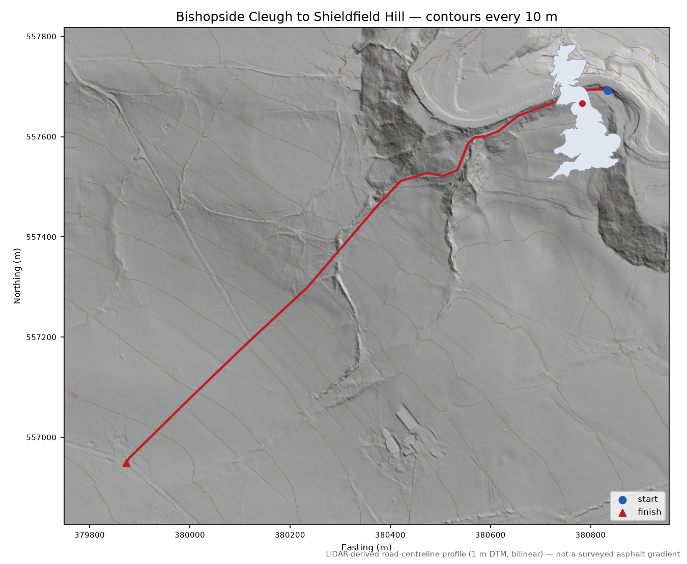 Bishopside Cleugh to Shieldfield Hill LiDAR hillshade map with contours