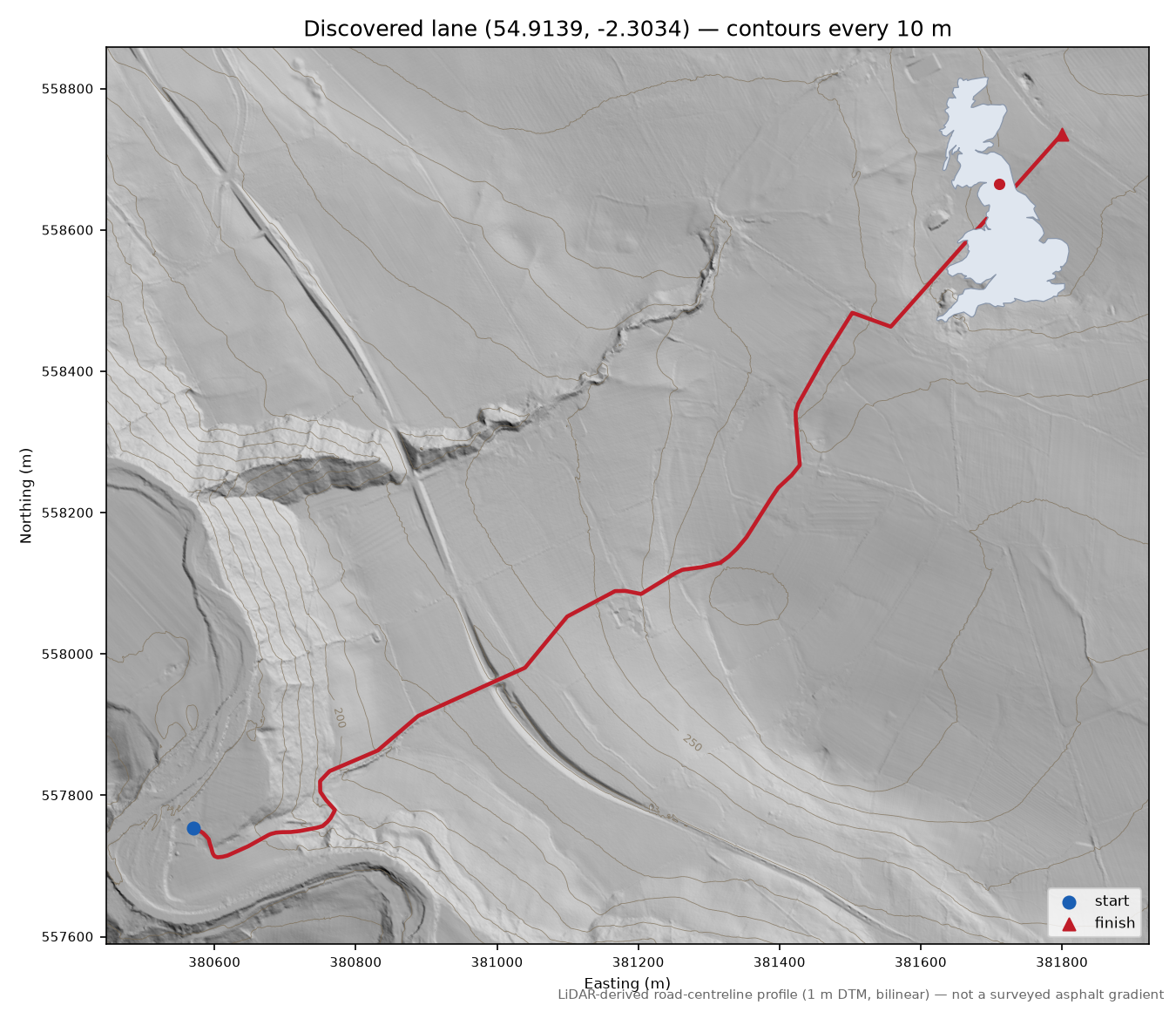 Bishopside Cleugh to Harlow Hill LiDAR hillshade map with contours