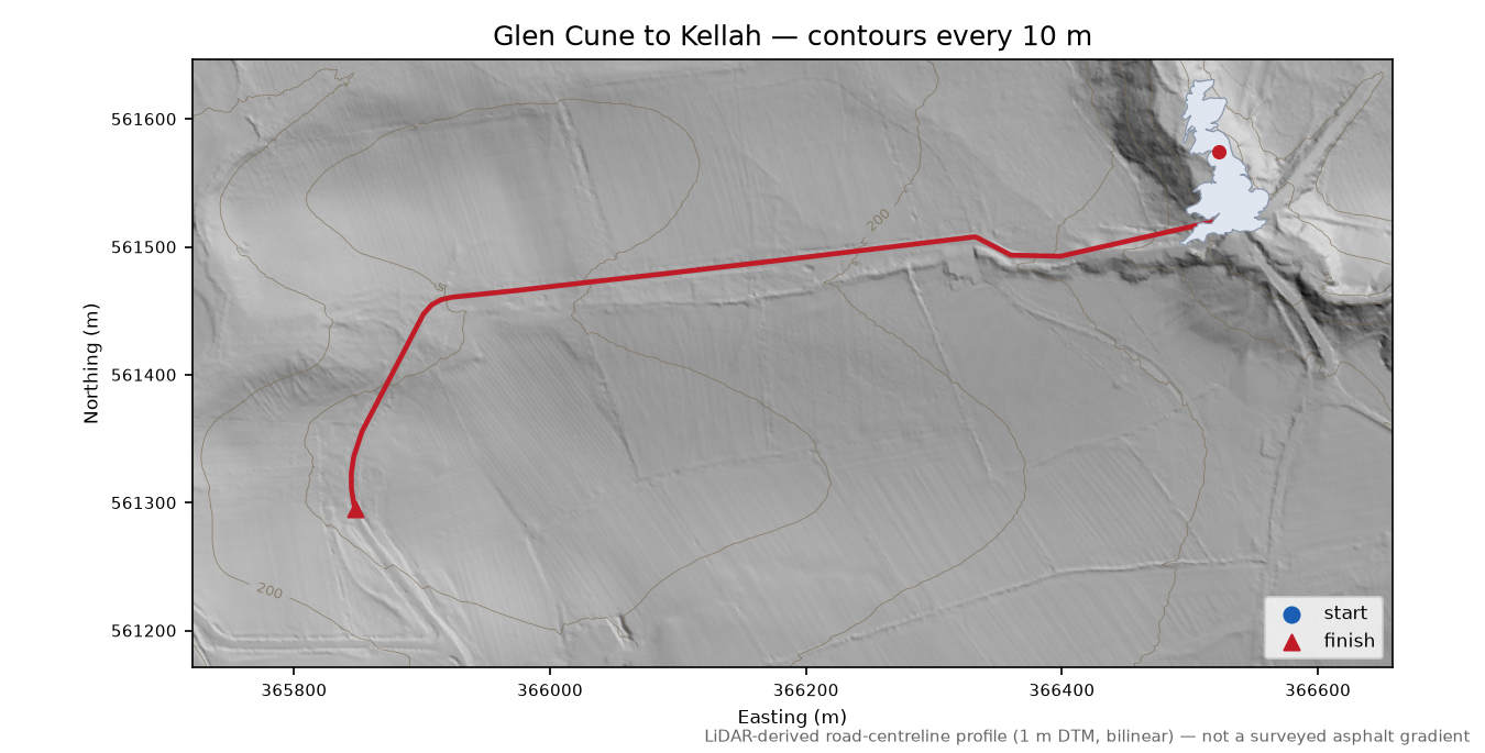 Glen Cune to Kellah LiDAR hillshade map with contours