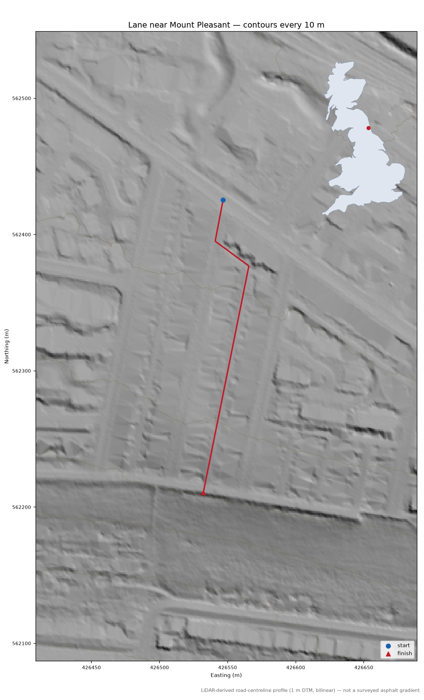 Lane near Mount Pleasant LiDAR hillshade map with contours