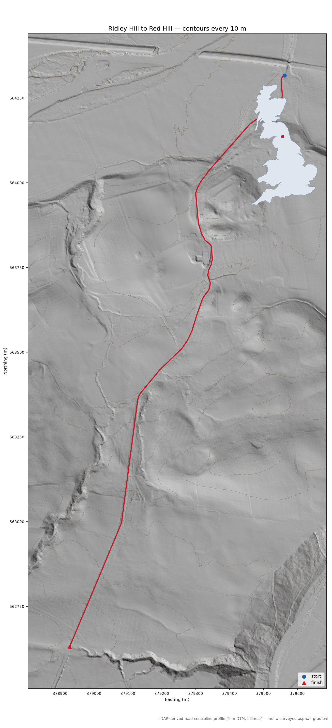 Ridley Hill to Red Hill LiDAR hillshade map with contours