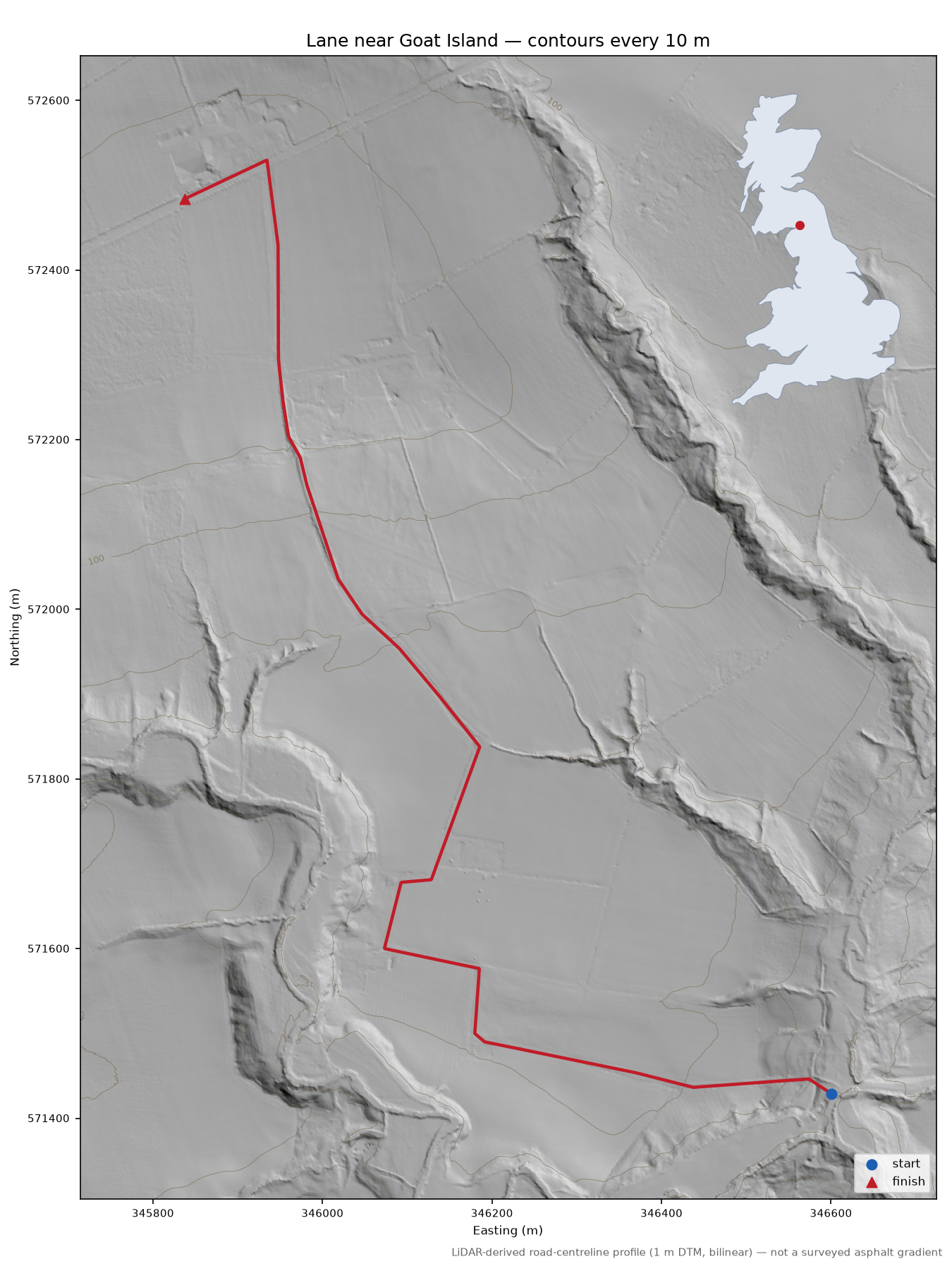 Lane near Goat Island LiDAR hillshade map with contours