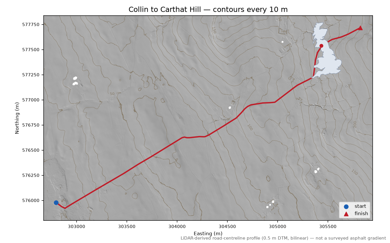 Collin to Carthat Hill LiDAR hillshade map with contours
