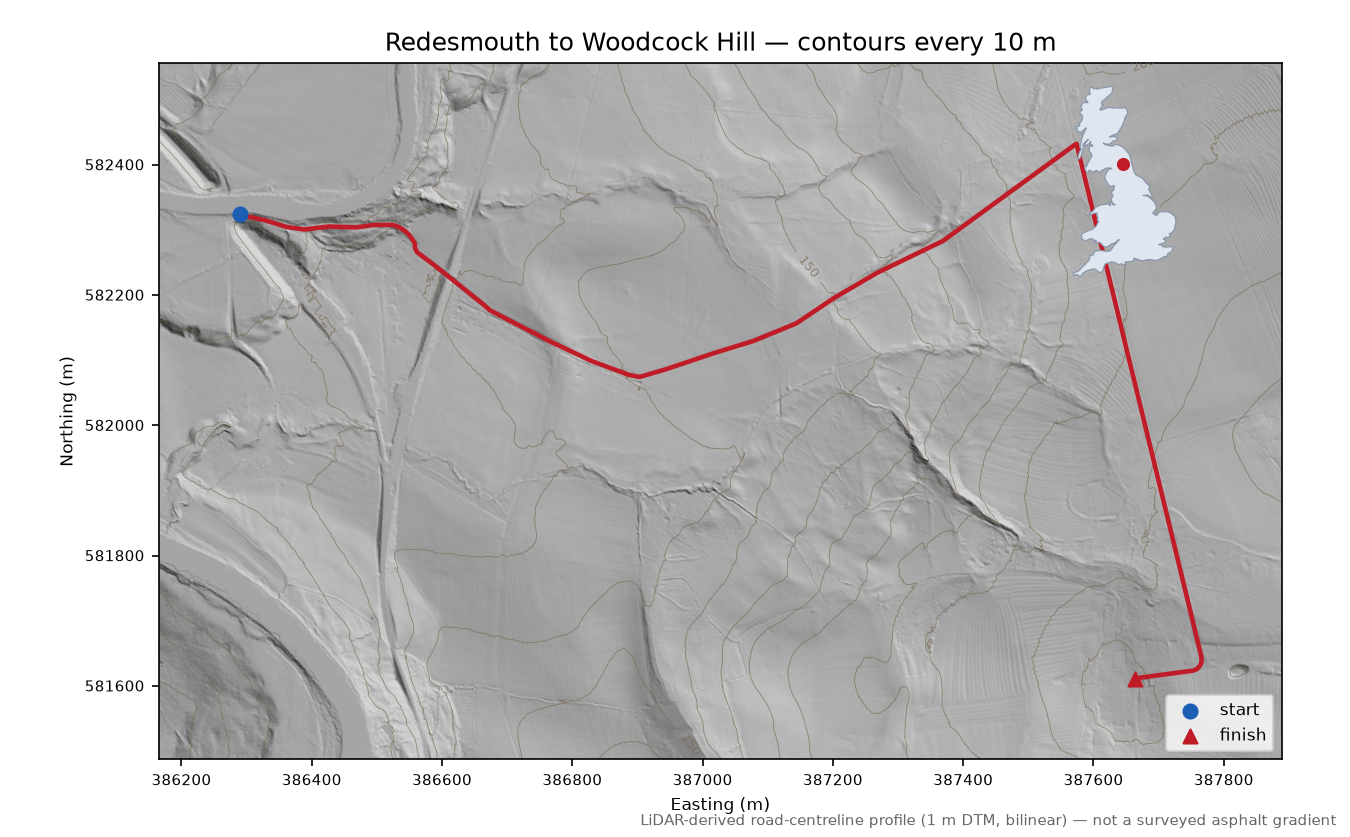 Redesmouth to Woodcock Hill LiDAR hillshade map with contours