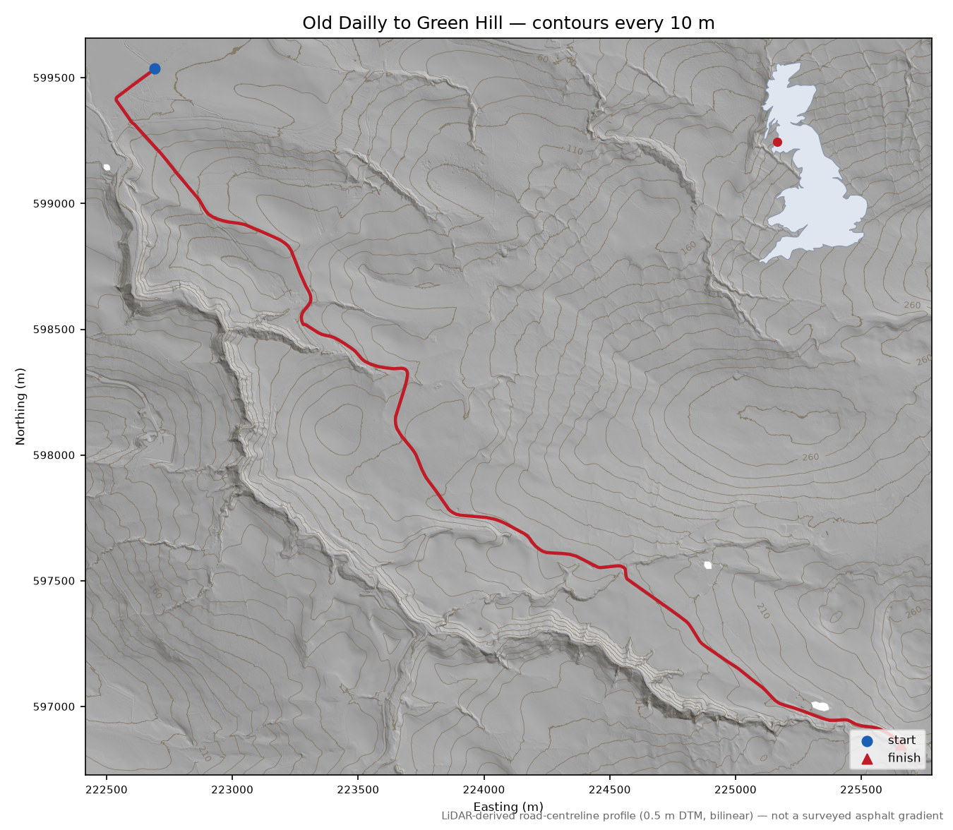 Old Dailly to Green Hill LiDAR hillshade map with contours