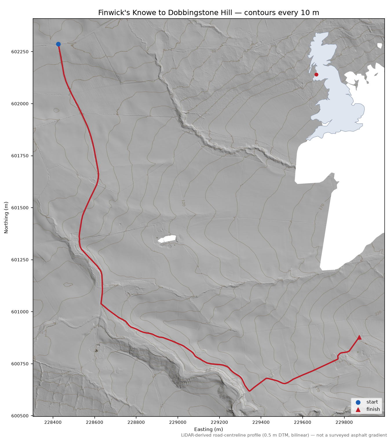 Finwick's Knowe to Dobbingstone Hill LiDAR hillshade map with contours