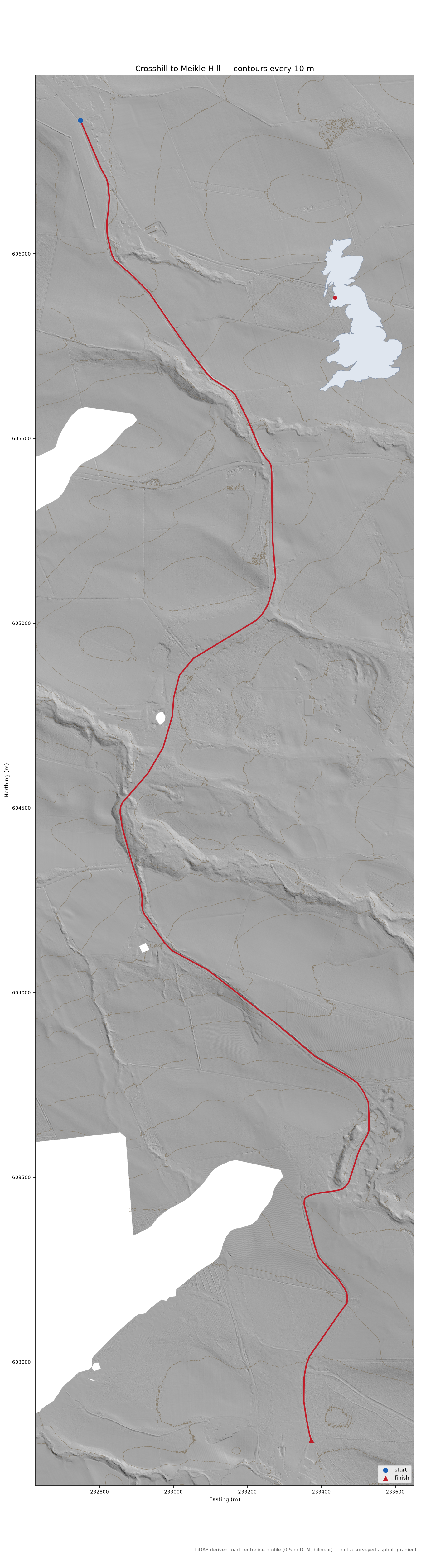 Crosshill to Meikle Hill LiDAR hillshade map with contours