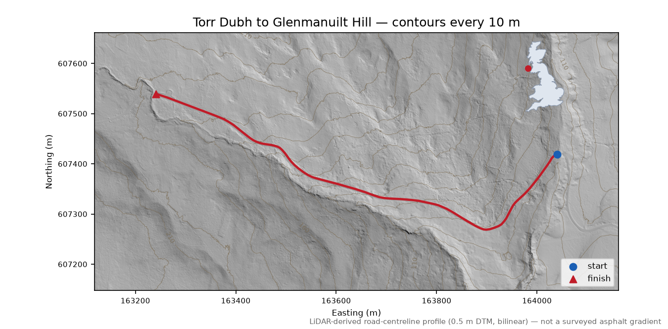 Torr Dubh to Glenmanuilt Hill LiDAR hillshade map with contours