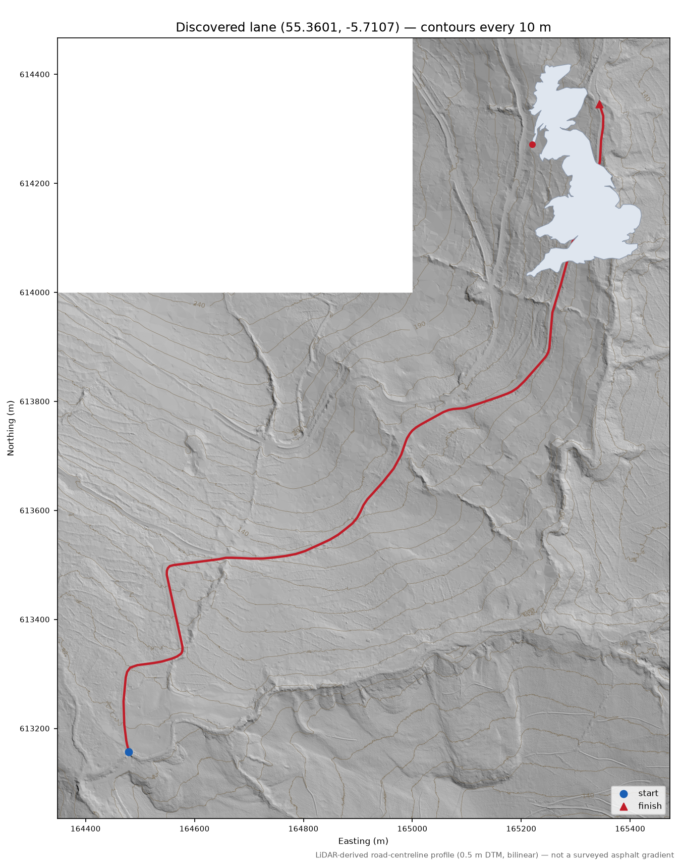 Cnoc na Grèine to Achnaslishaig Hill LiDAR hillshade map with contours