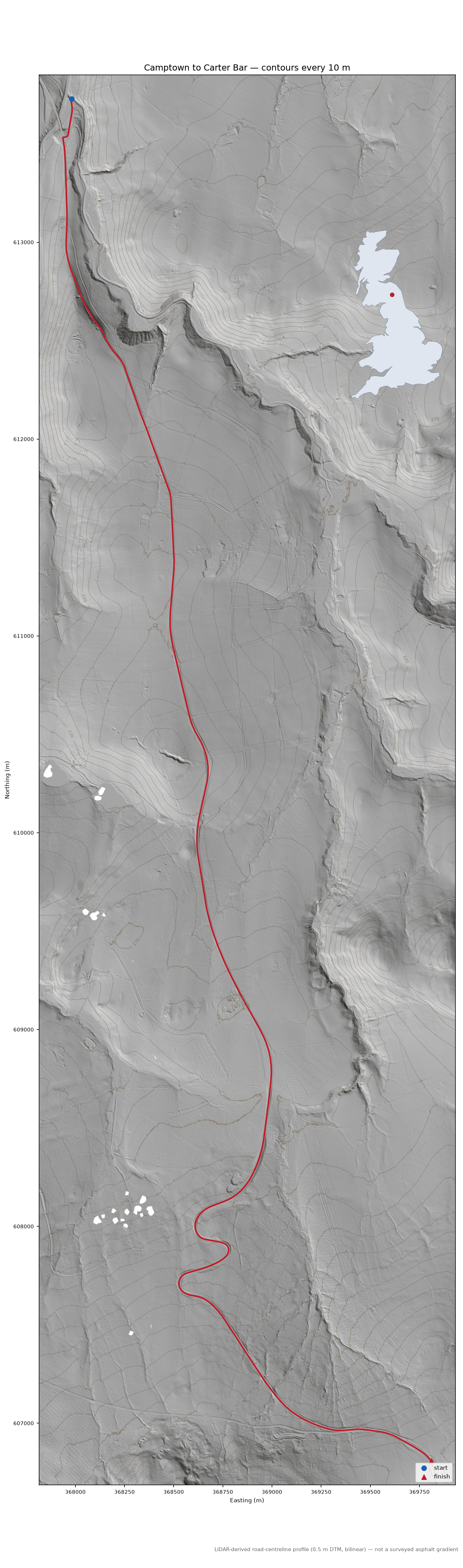 Camptown to Carter Bar LiDAR hillshade map with contours