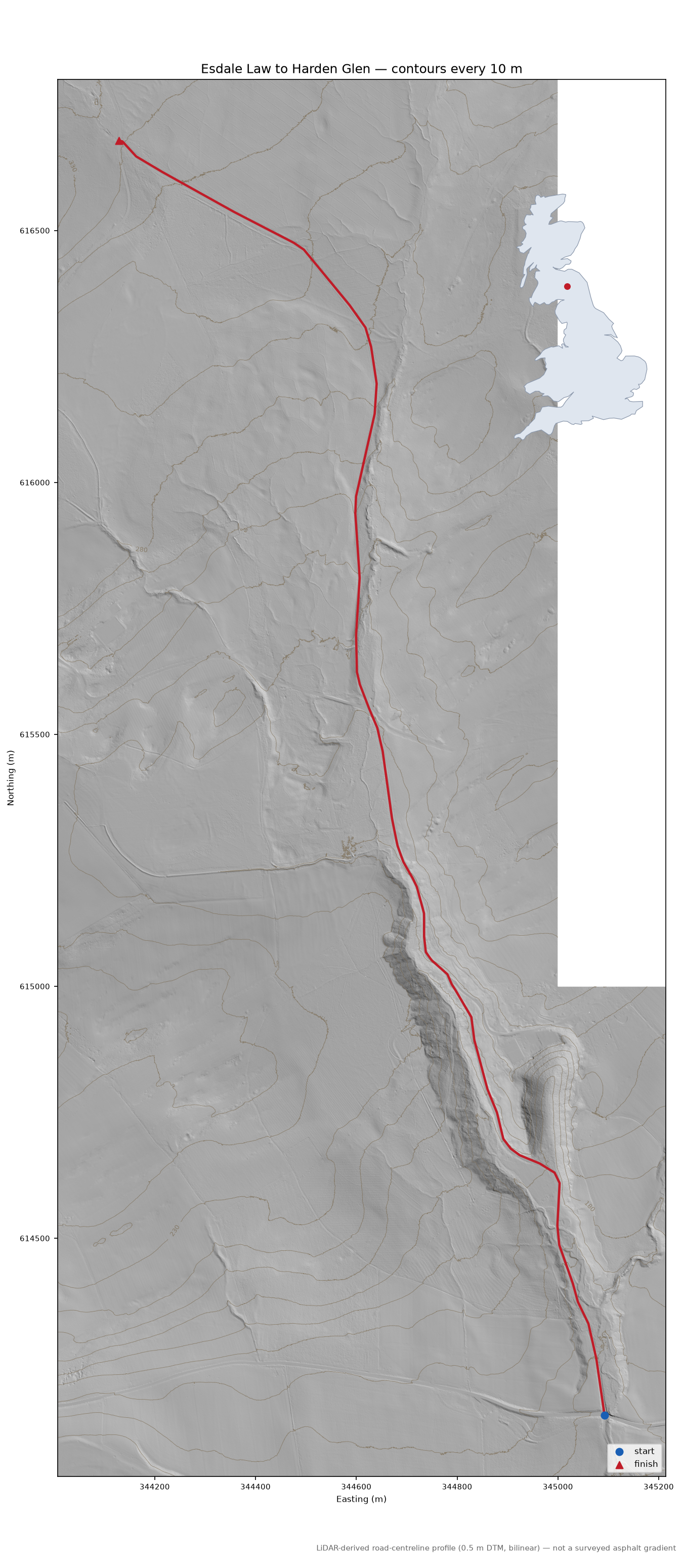 Esdale Law to Harden Glen LiDAR hillshade map with contours