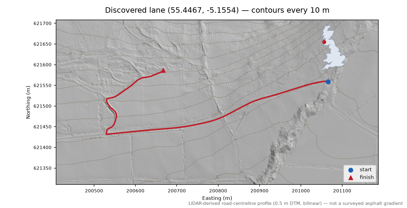 Levencorroch Hill to Levencorroch LiDAR hillshade map with contours