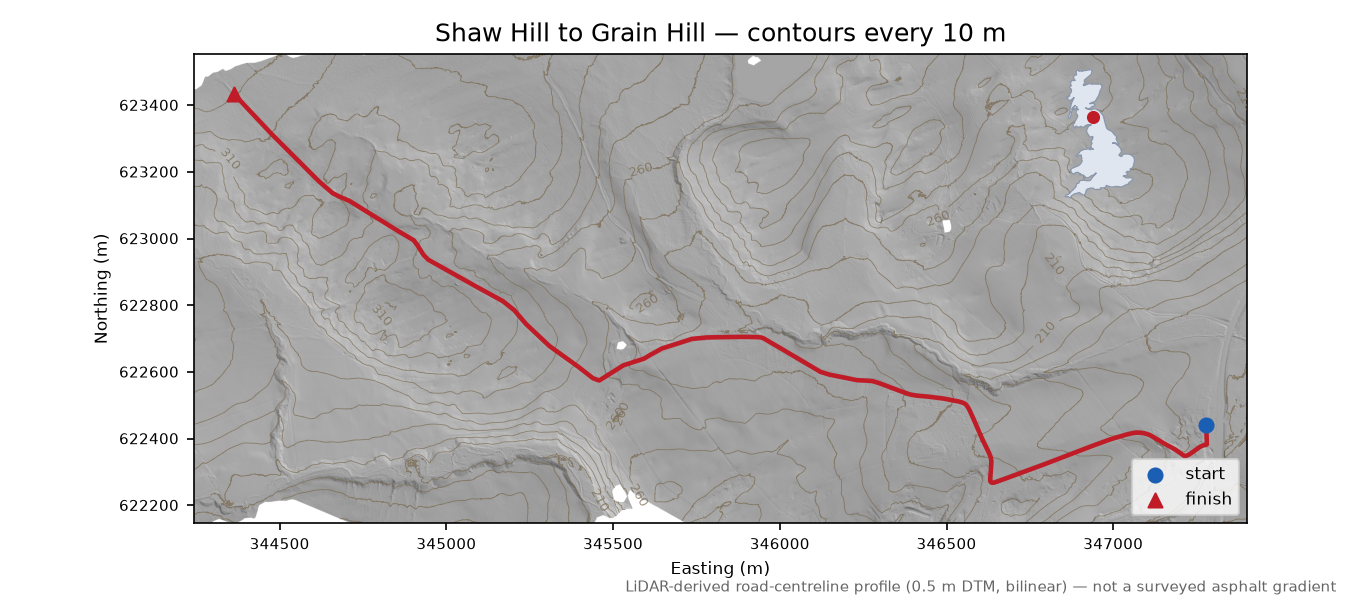 Shaw Hill to Grain Hill LiDAR hillshade map with contours