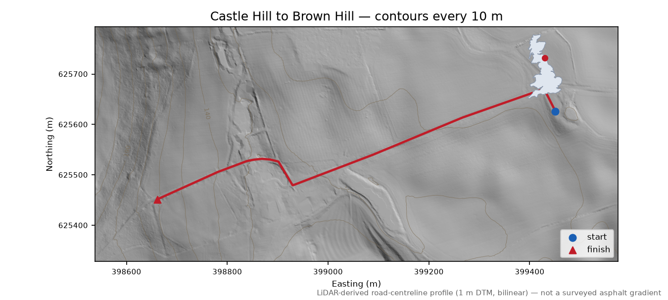 Castle Hill to Brown Hill LiDAR hillshade map with contours