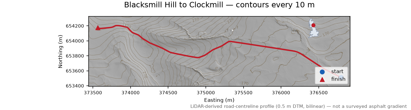 Blacksmill Hill to Clockmill LiDAR hillshade map with contours