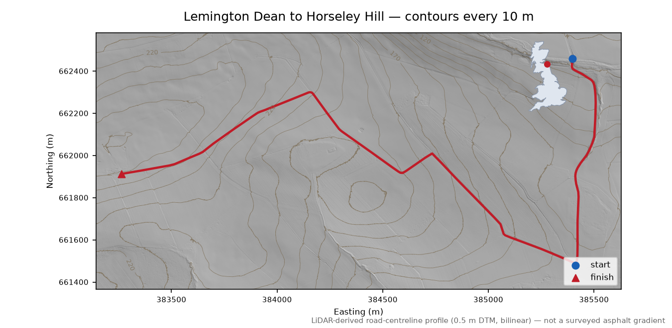 Lemington Dean to Horseley Hill LiDAR hillshade map with contours