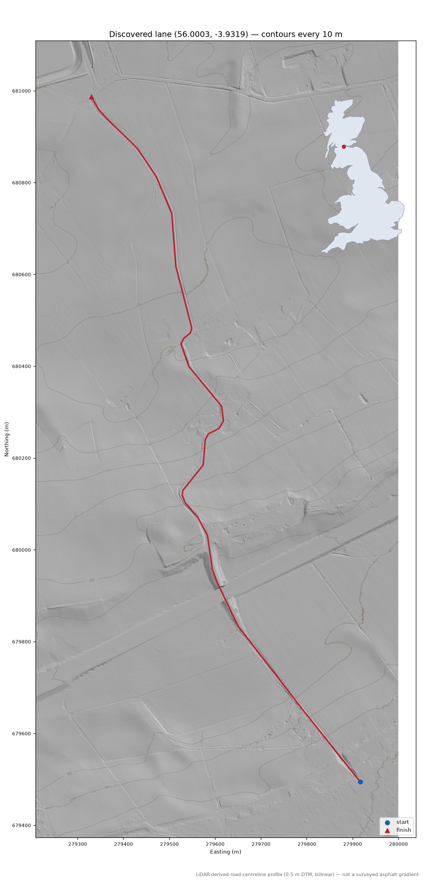 Longcroft to Braeface LiDAR hillshade map with contours