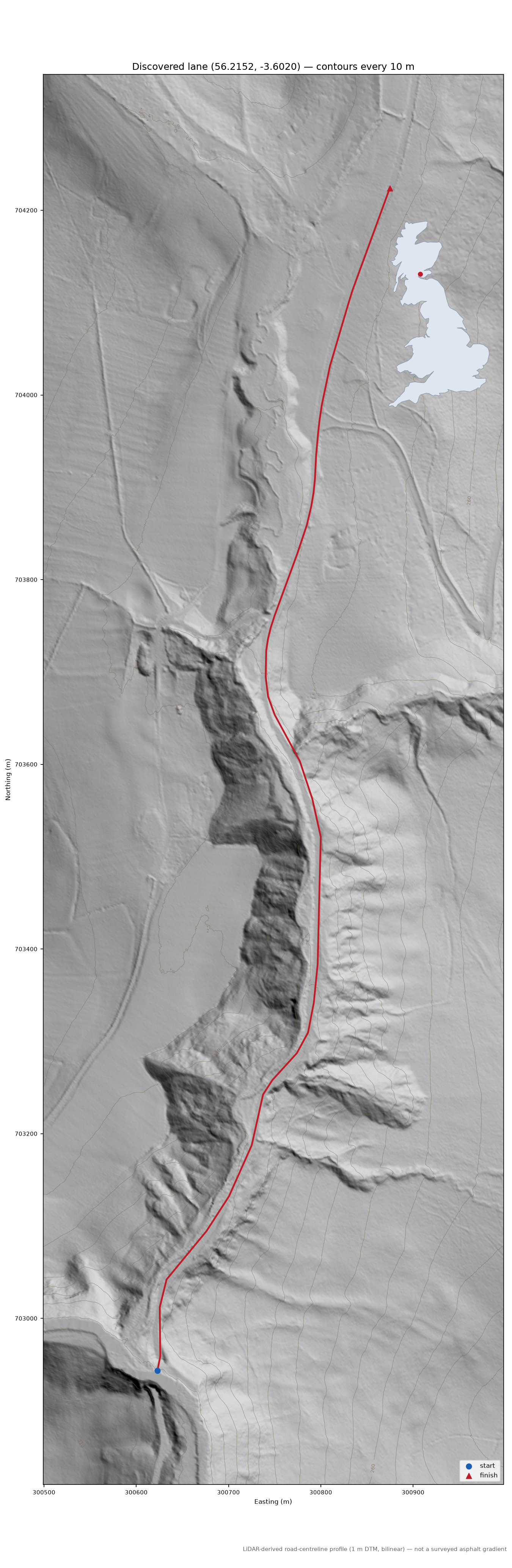Down Hill to Myrehaugh Hill LiDAR hillshade map with contours