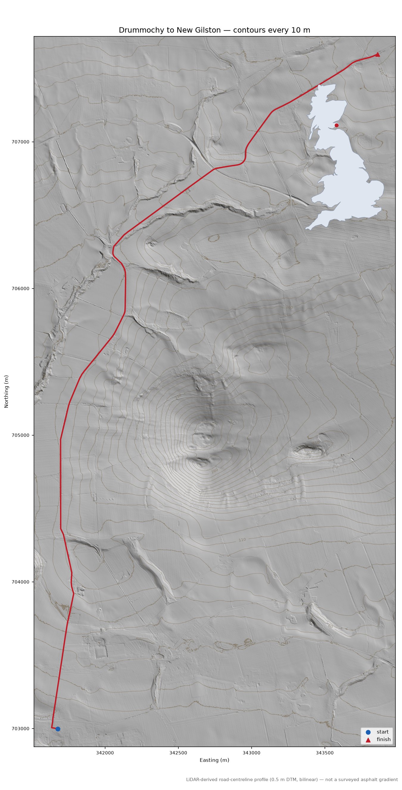 Drummochy to New Gilston LiDAR hillshade map with contours
