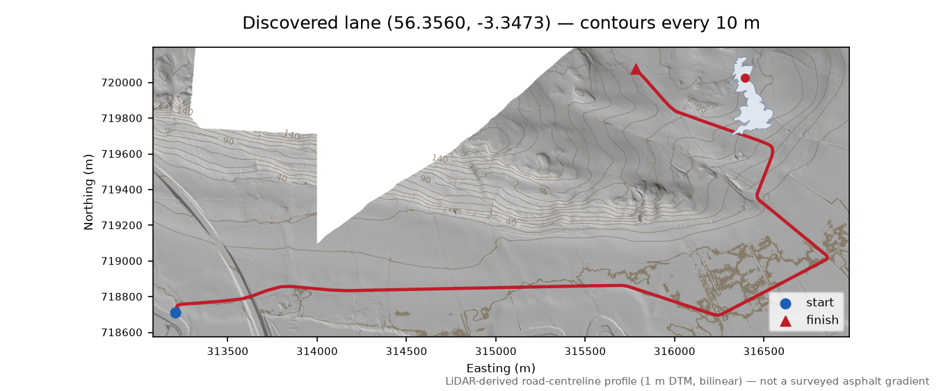 Bridge of Earn to Rhynd LiDAR hillshade map with contours