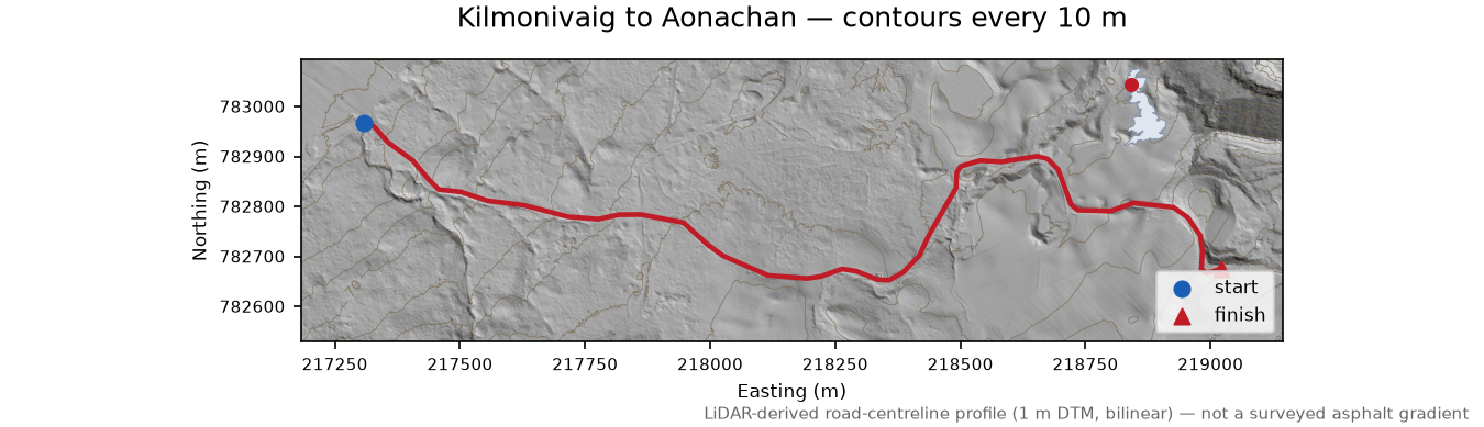 Kilmonivaig to Aonachan LiDAR hillshade map with contours