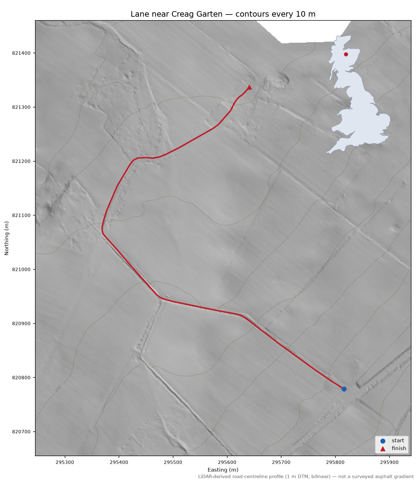 Lane near Creag Garten LiDAR hillshade map with contours