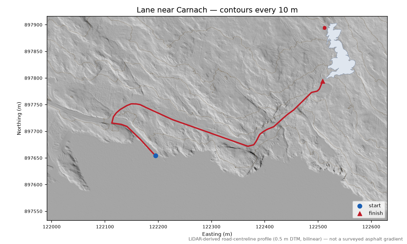 Lane near Carnach LiDAR hillshade map with contours