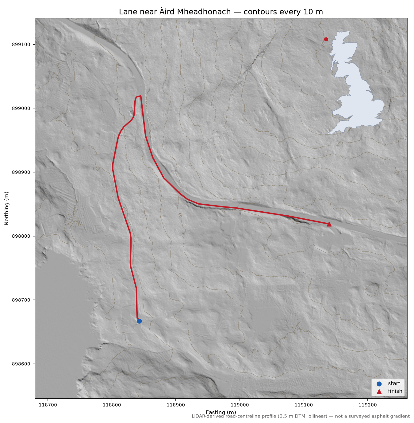 Lane near Àird Mheadhonach LiDAR hillshade map with contours