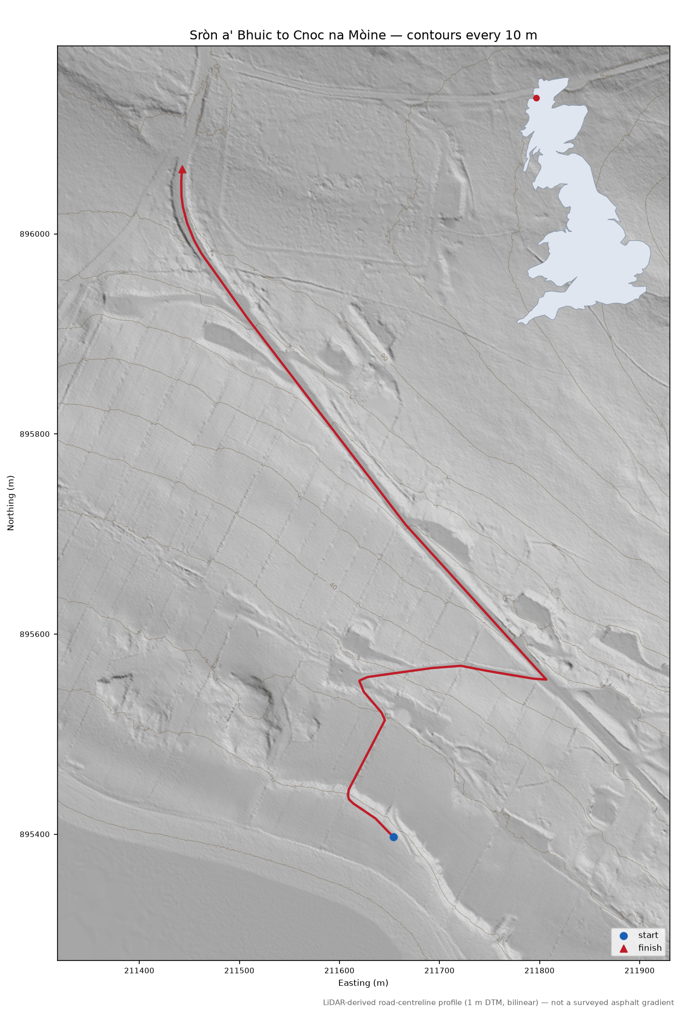 Sròn a' Bhuic to Cnoc na Mòine LiDAR hillshade map with contours