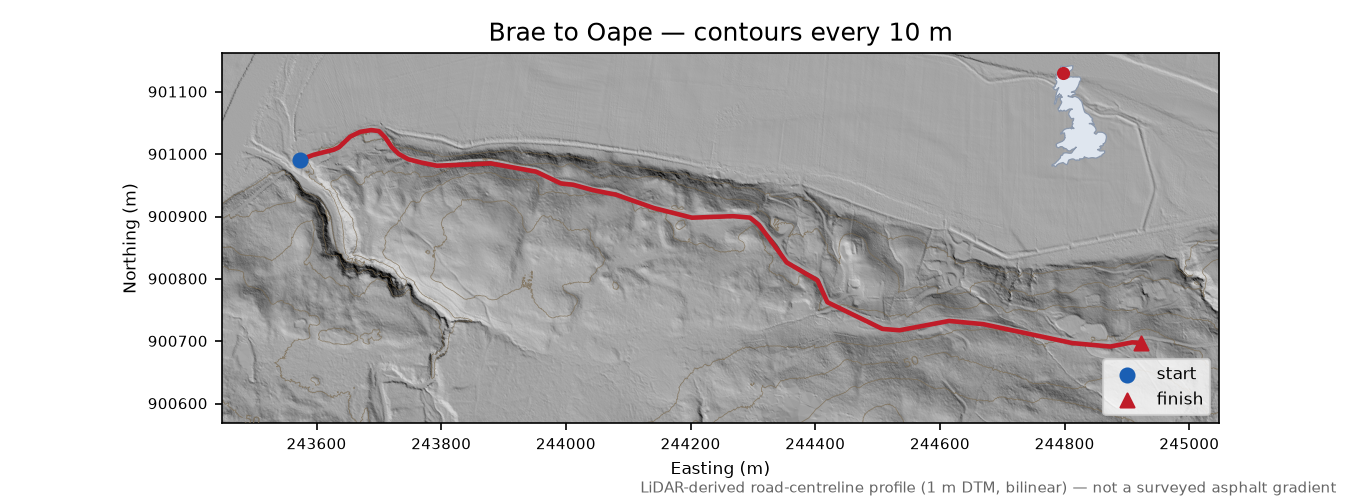 Brae to Oape LiDAR hillshade map with contours