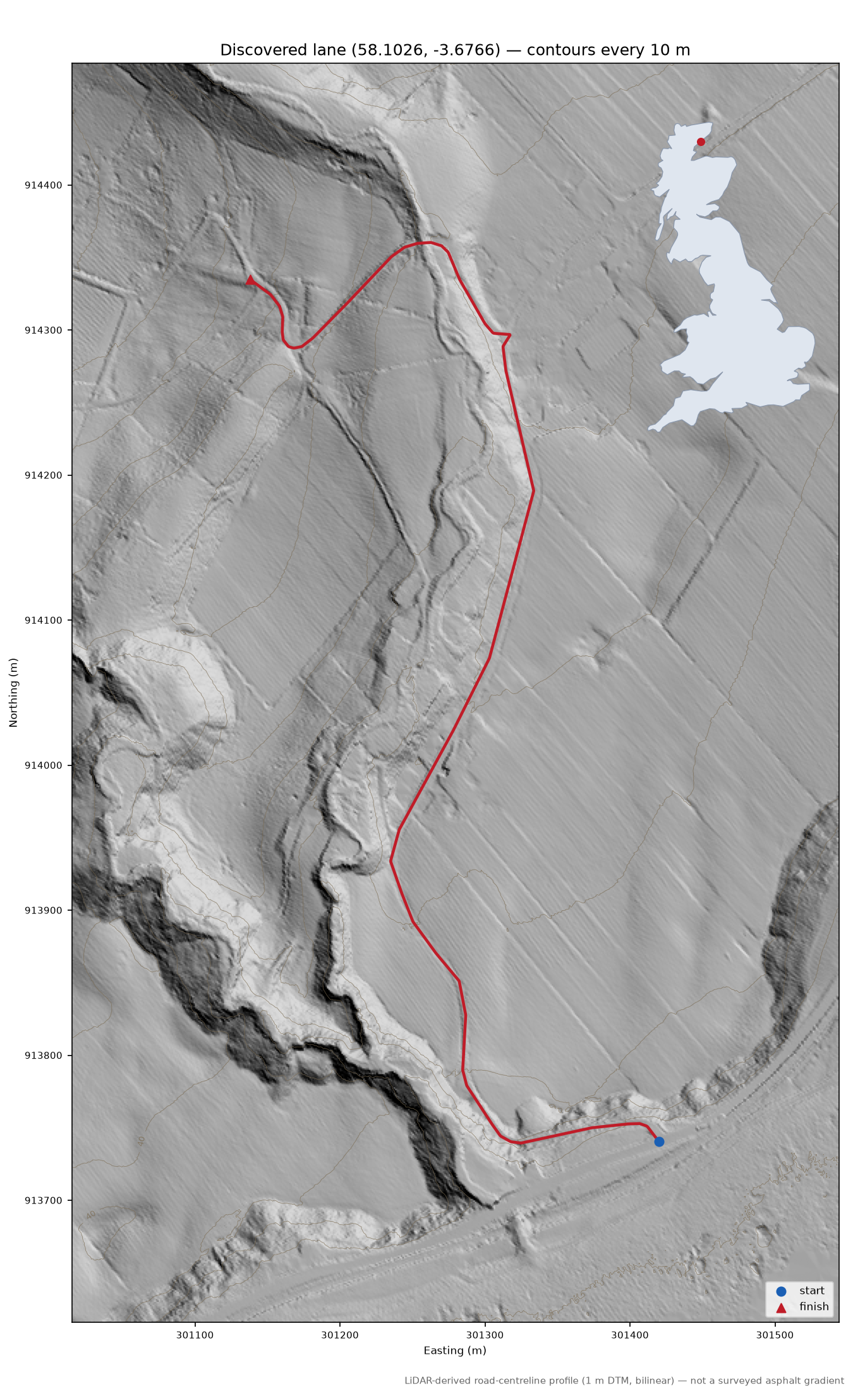 Lane near Gartymore LiDAR hillshade map with contours