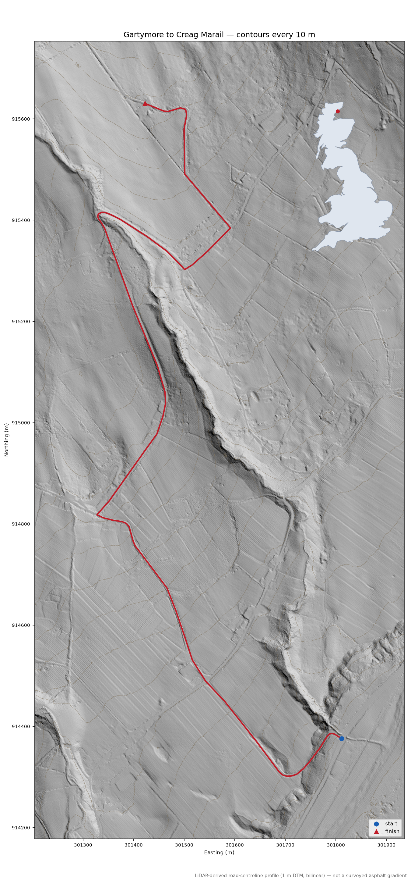 Gartymore to Creag Marail LiDAR hillshade map with contours