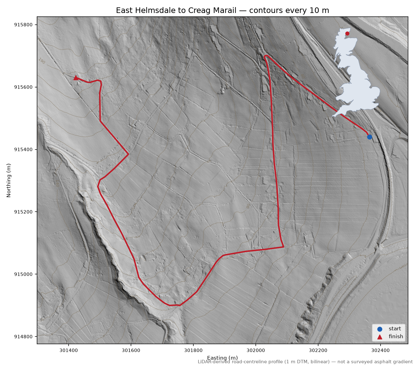 East Helmsdale to Creag Marail LiDAR hillshade map with contours