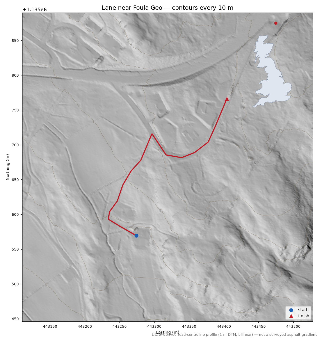 Lane near Foula Geo LiDAR hillshade map with contours