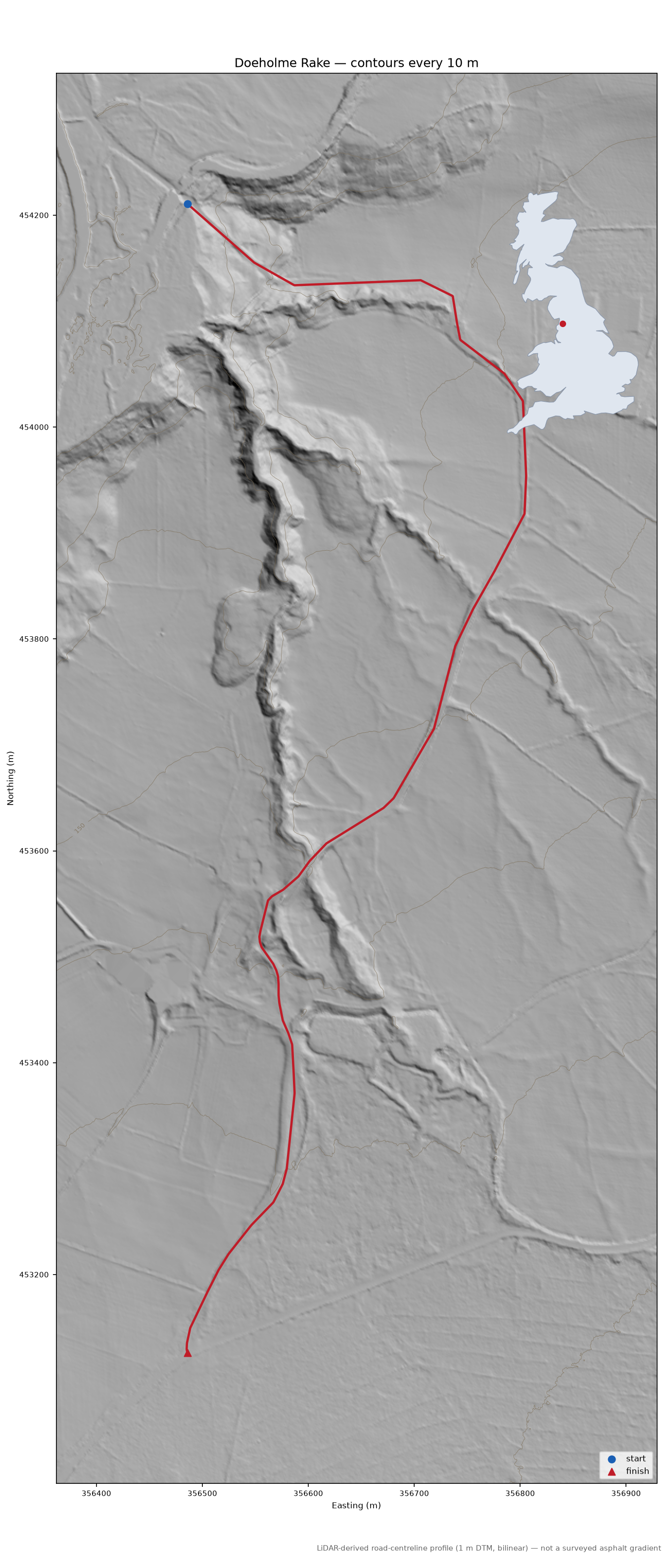 Doeholme Rake LiDAR hillshade map with contours