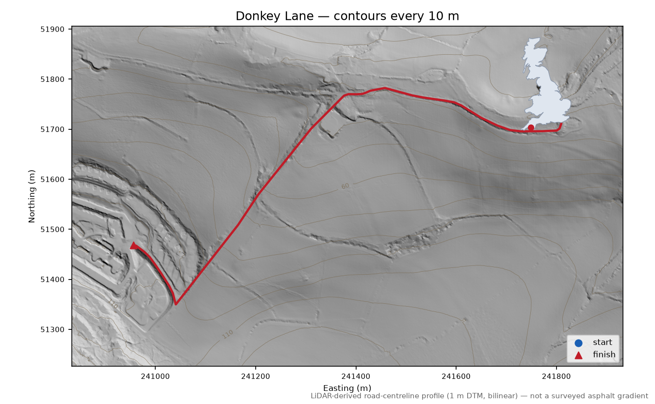 Donkey Lane LiDAR hillshade map with contours