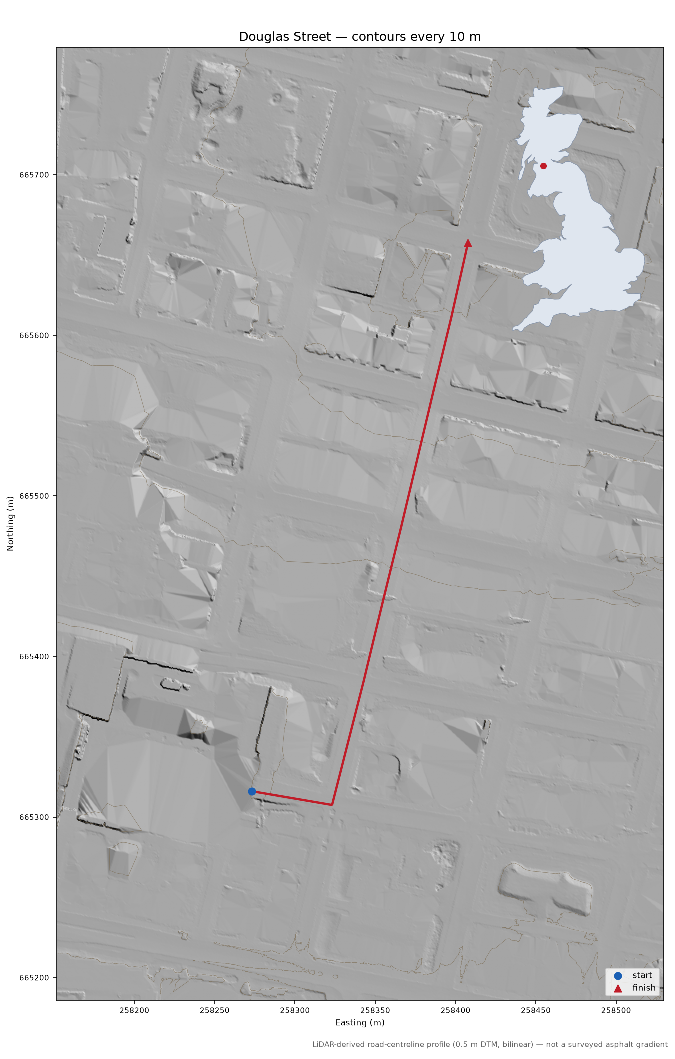 Douglas Street LiDAR hillshade map with contours