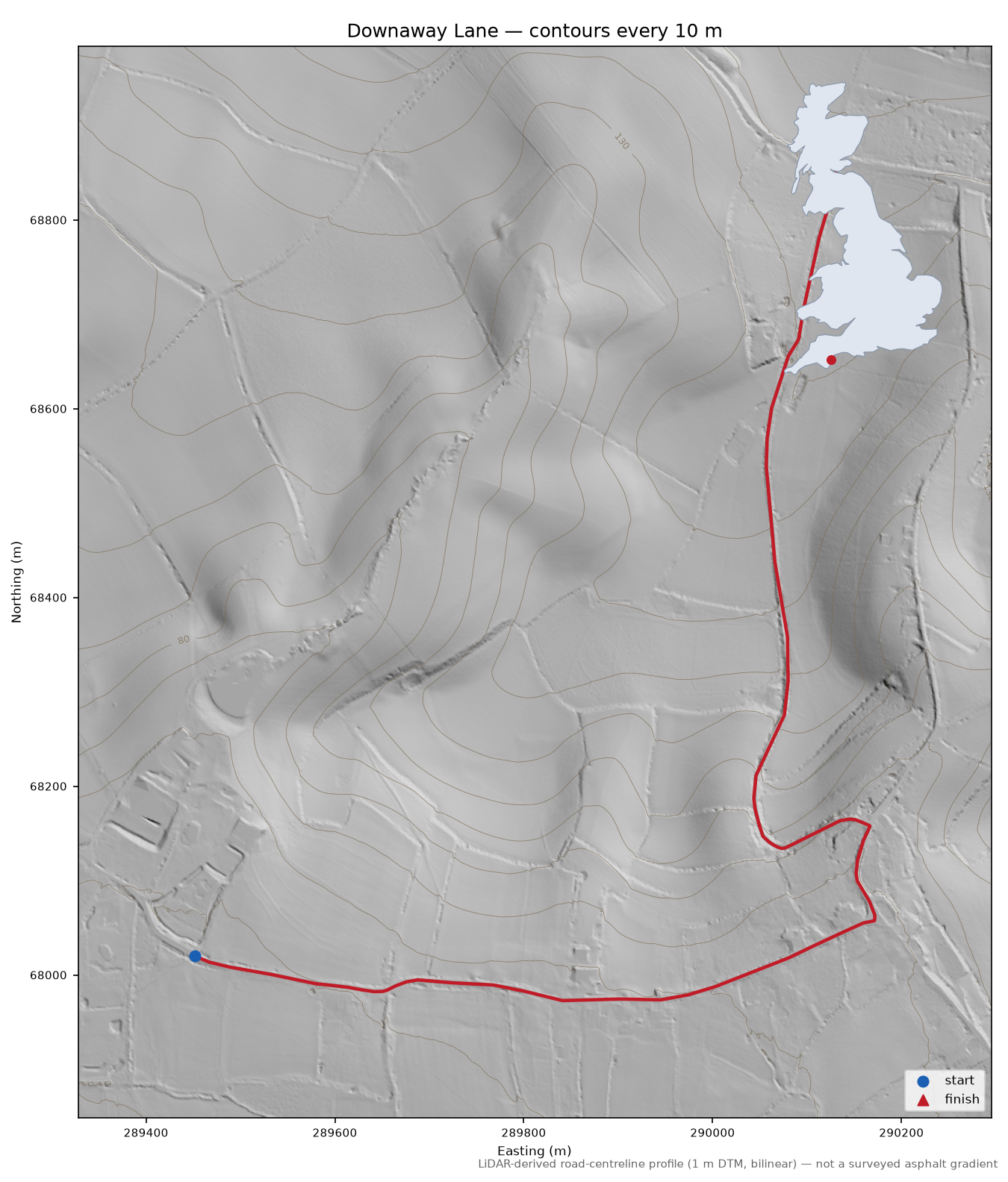 Downaway Lane LiDAR hillshade map with contours