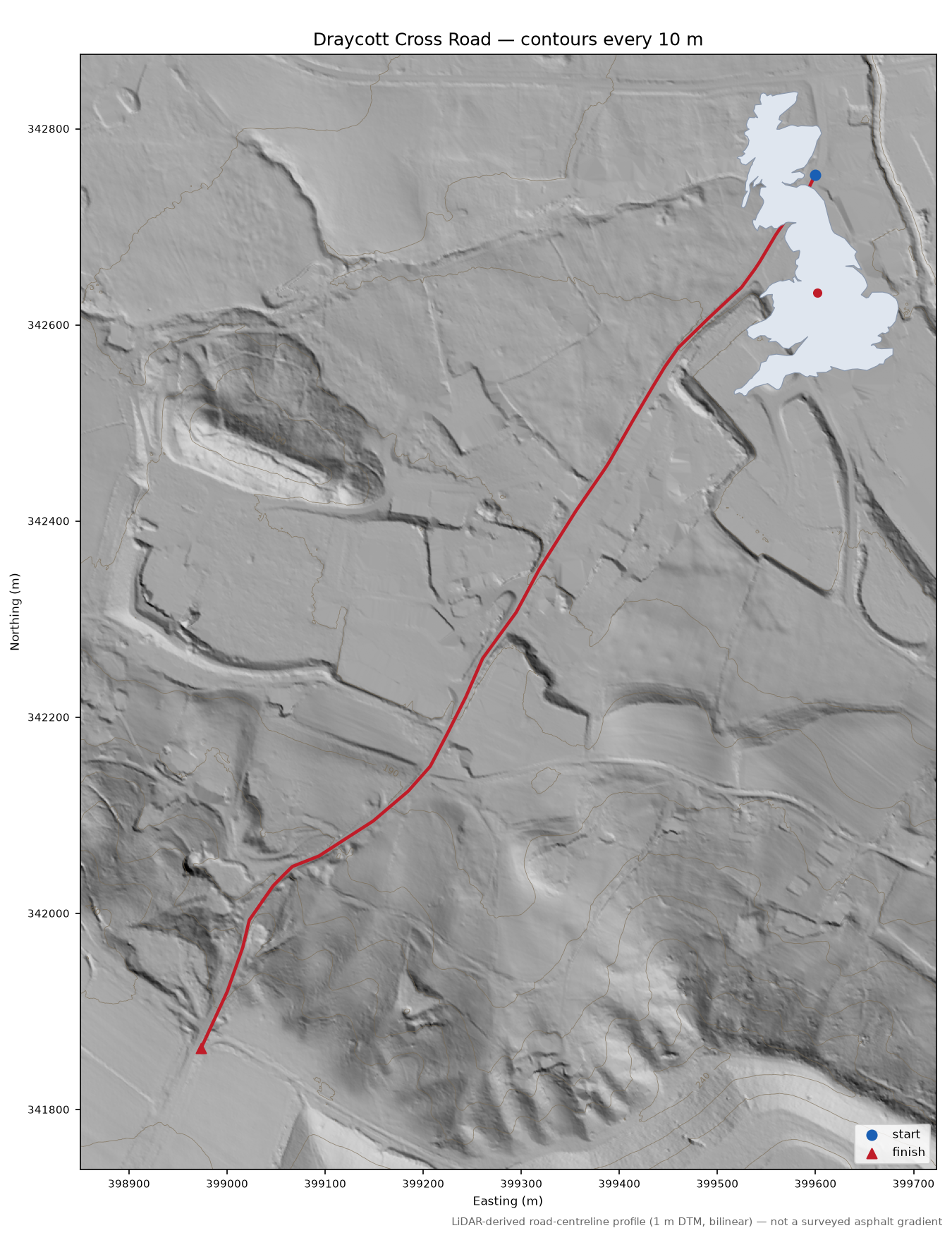 Draycott Cross Road LiDAR hillshade map with contours