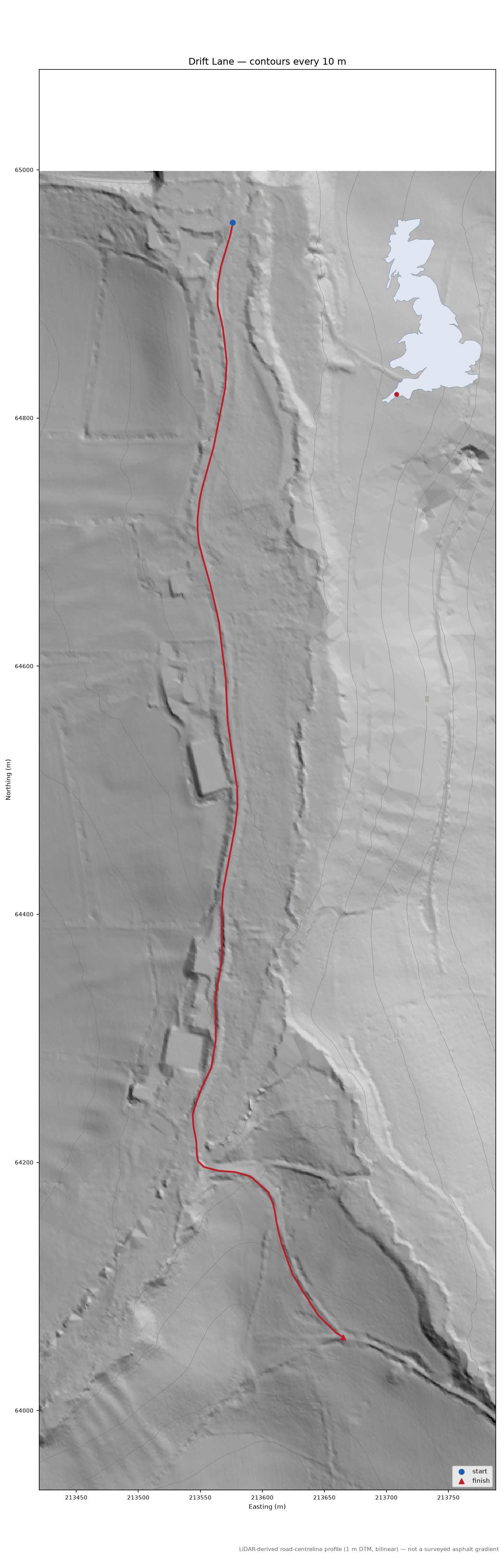 Drift Lane LiDAR hillshade map with contours