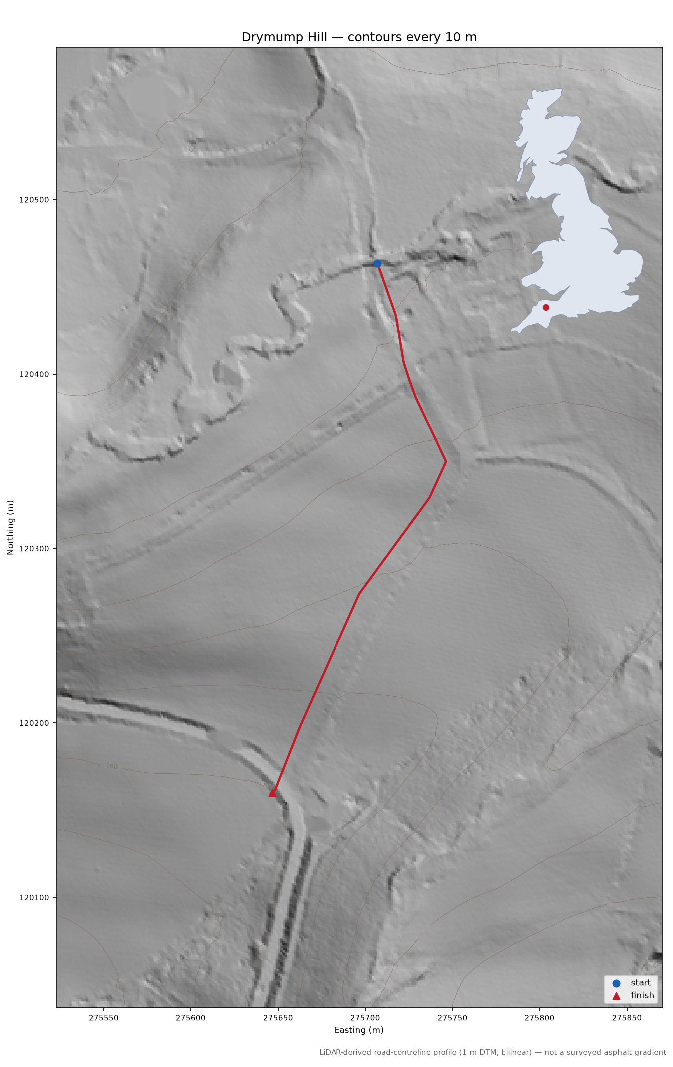 Drymump Hill LiDAR hillshade map with contours