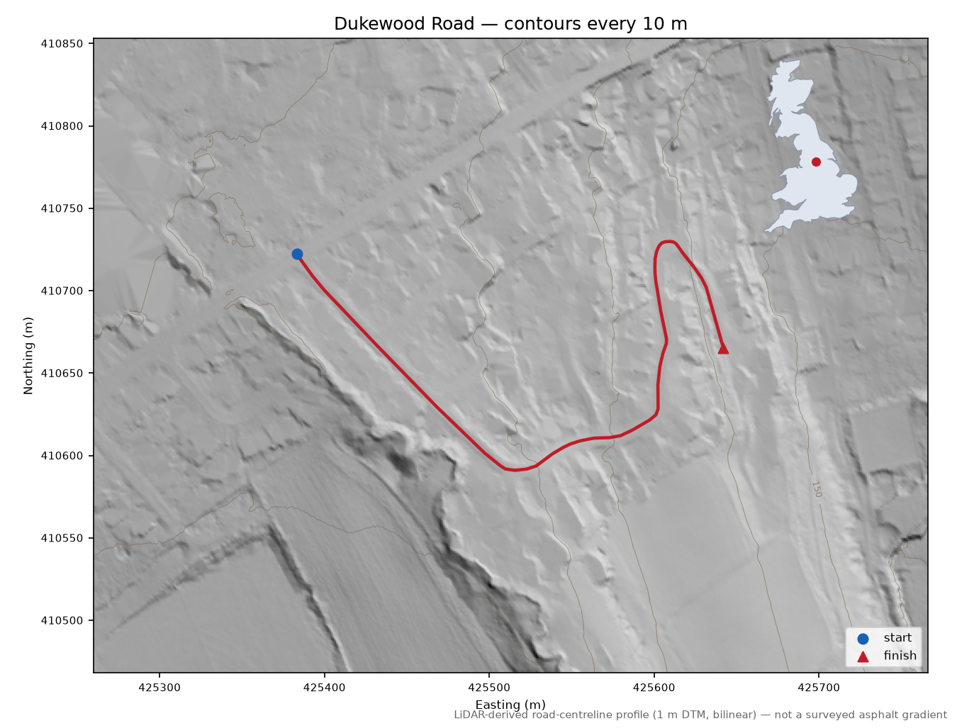 Dukewood Road LiDAR hillshade map with contours