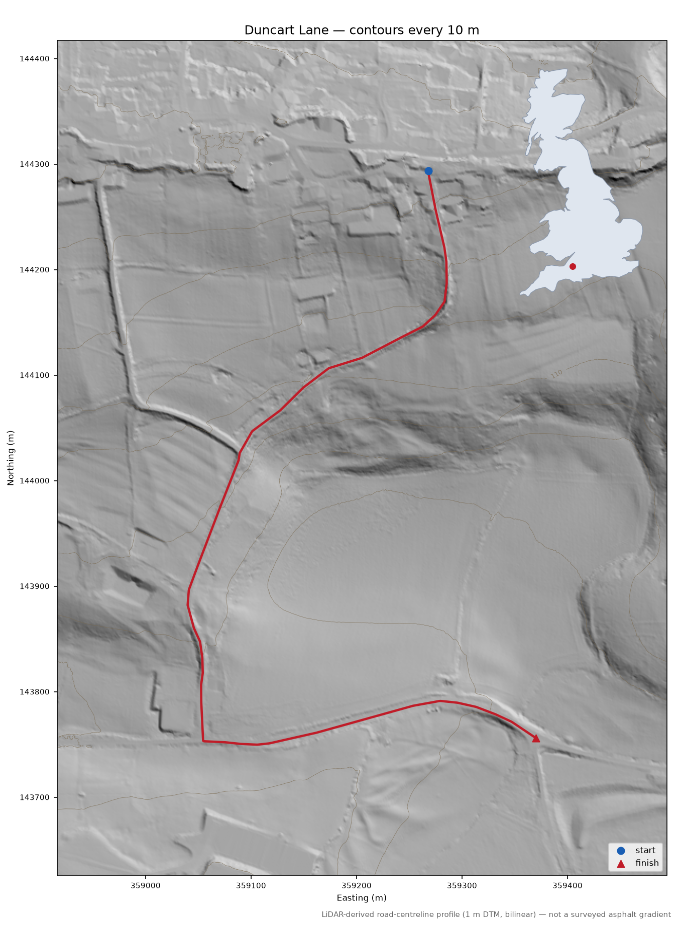 Duncart Lane LiDAR hillshade map with contours