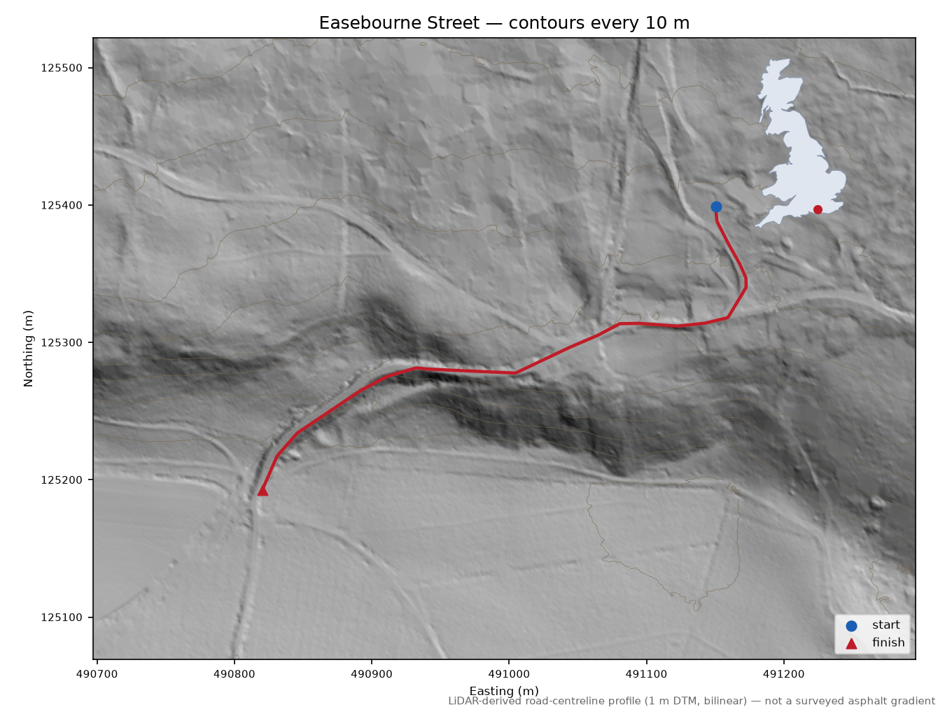 Easebourne Street LiDAR hillshade map with contours