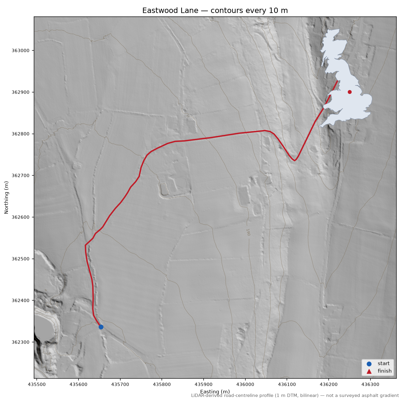 Eastwood Lane LiDAR hillshade map with contours