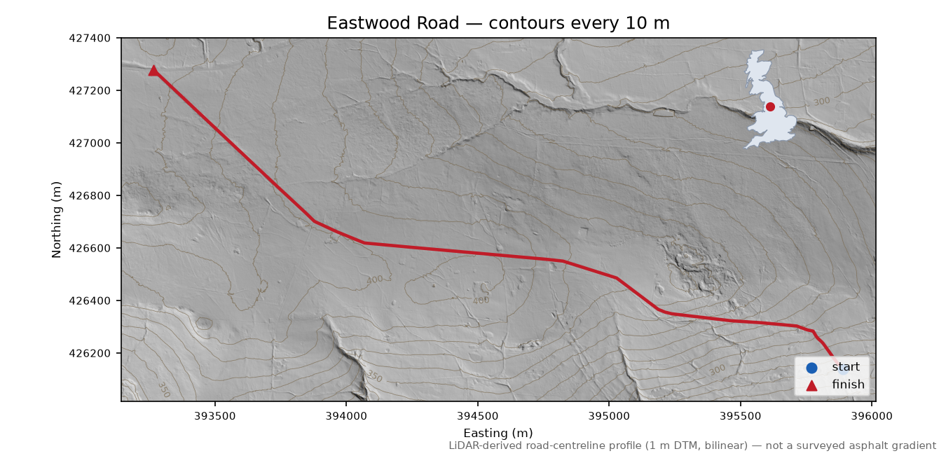 Eastwood Road LiDAR hillshade map with contours
