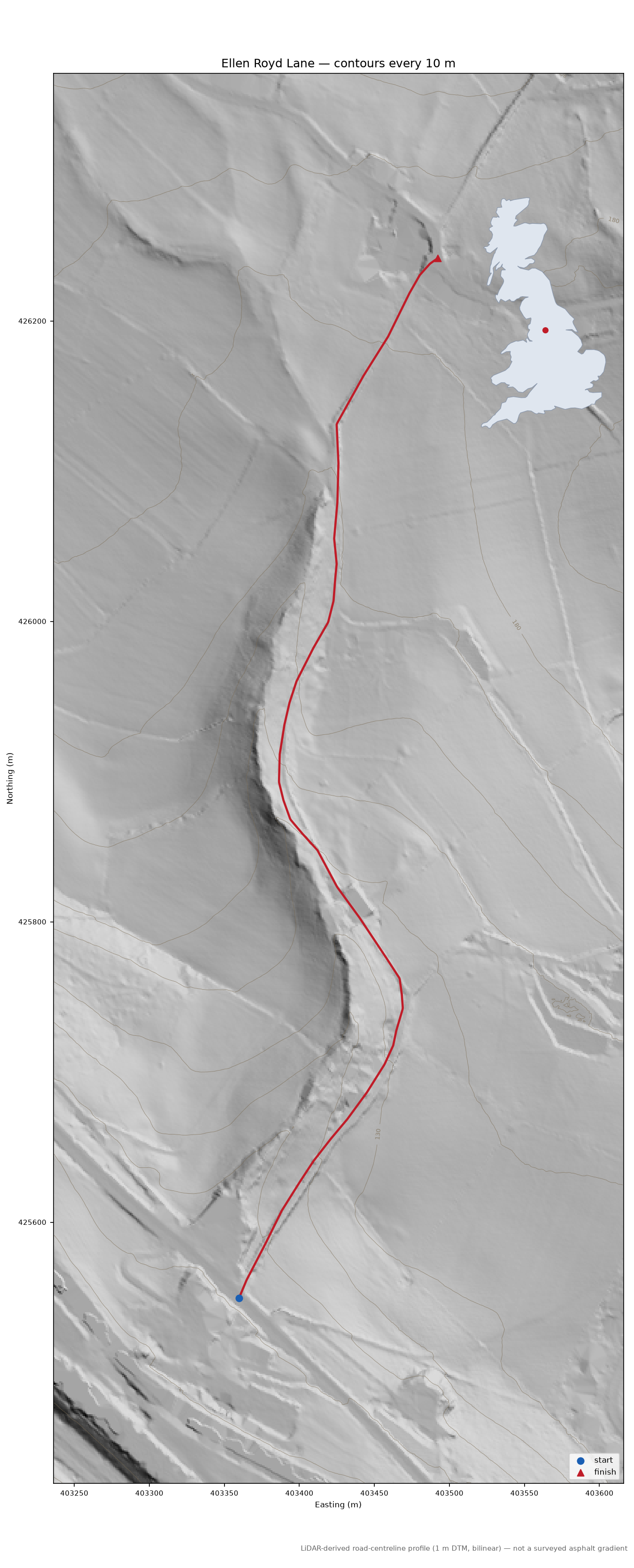 Ellen Royd Lane LiDAR hillshade map with contours