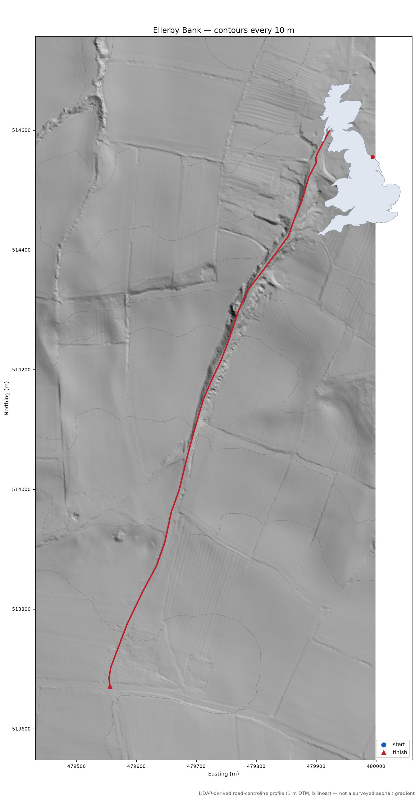 Ellerby Bank LiDAR hillshade map with contours